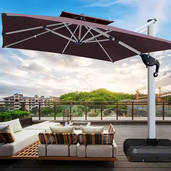 Luxury Aluminum Alloy 100mm Pole Solar LED Cantilever Umbrella Waterproof Outdoor Furniture Patio Umbrella for Swimming Pool