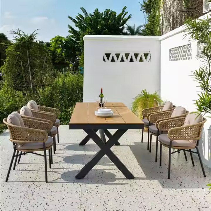 All Weather Indoor Outdoor Furniture Dining Set Sale Patio China New Design Garden Aluminum Plastic Wood Table Rattan Chair