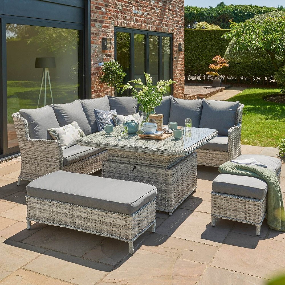 Garden Furniture Waterproof Rattan Outdoor Corner Sofa with Ottoman Baroque Hotel Furniture Patio Dining Set With Rising Table